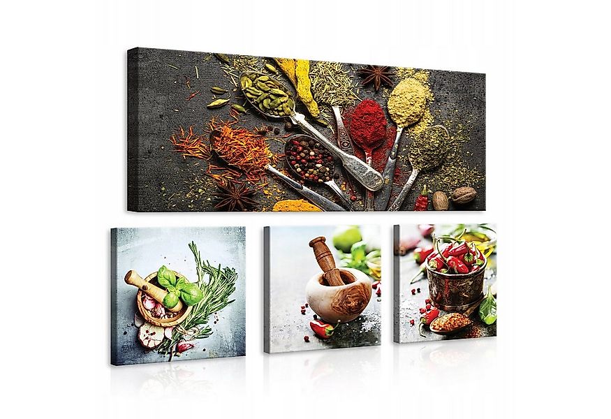Wallarena Leinwandbild Küche Gewürze Kräuter 4 Teile SET Wandbilder Kunstdr günstig online kaufen