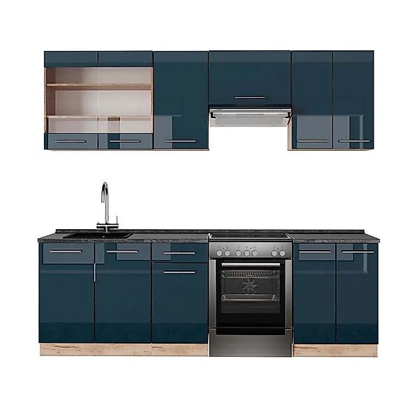 Vicco Fame-Line Küchenschränke Dunkelblau Hochglanz/Goldkraft Eiche 240 cm günstig online kaufen