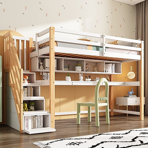 Flieks Hochbett Kinderbett mit Regale, Schreibtisch günstig online kaufen