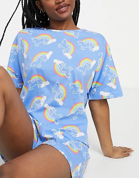 ASOS DESIGN – Rainbow Unicorn – Pyjama-Set mit T-Shirt und Shorts in Blau günstig online kaufen