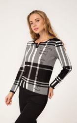 Passioni Strickpullover kariert mit Strass-Schriftzug günstig online kaufen