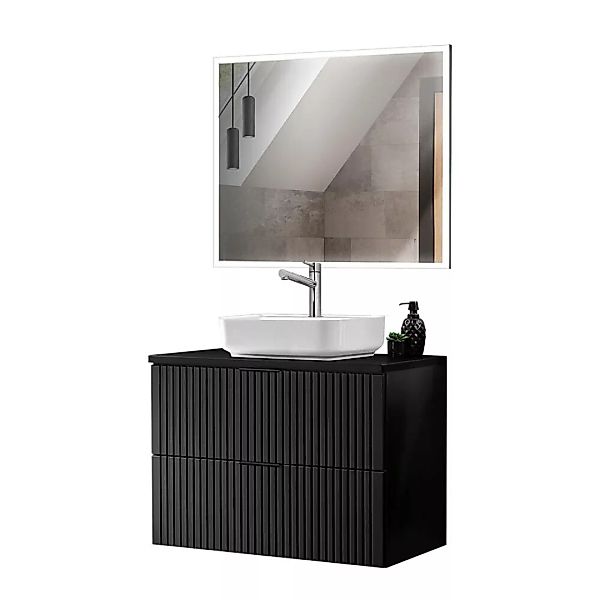 Badmöbel Waschtisch mit Keramik Aufsatzbecken und rechteckigem LED Spiegel, günstig online kaufen