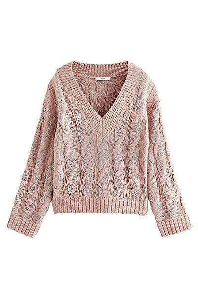 Next V-Ausschnitt-Pullover Funkelnder Strickpullover mit Zopfmuster günstig online kaufen