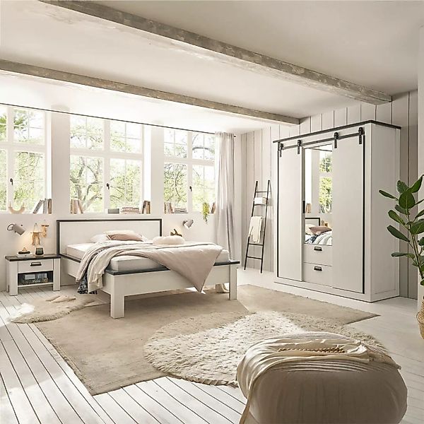 Schlafzimmer Set 3-teilig Bett 140x200cm SHELTON-61 in Pinie weiß mit anthr günstig online kaufen
