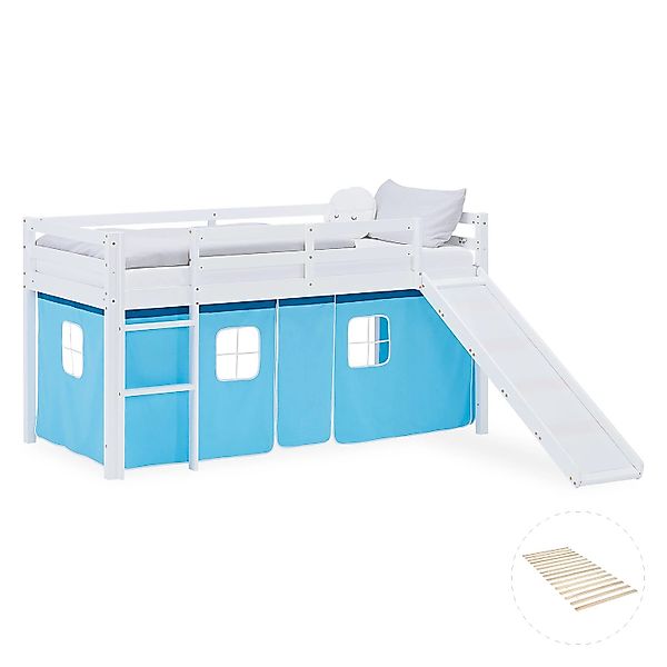 Homestyle4u Kinder Hochbett 90x200 Rutsche Lattenrost Vorhang Blau Kinderbe günstig online kaufen