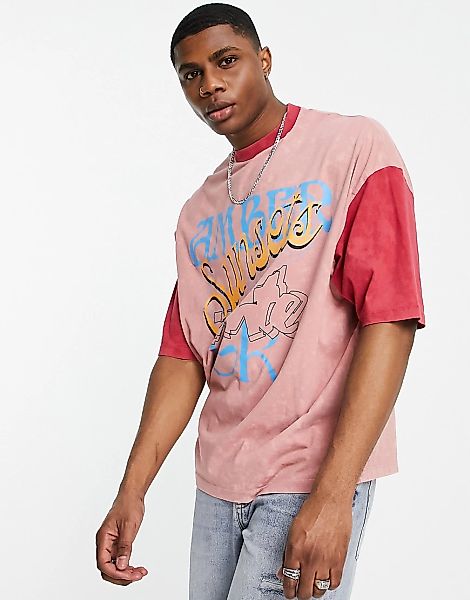 ASOS DESIGN – Lockeres T-Shirt mit Farbblockdesign in verwaschenem Rosa und günstig online kaufen
