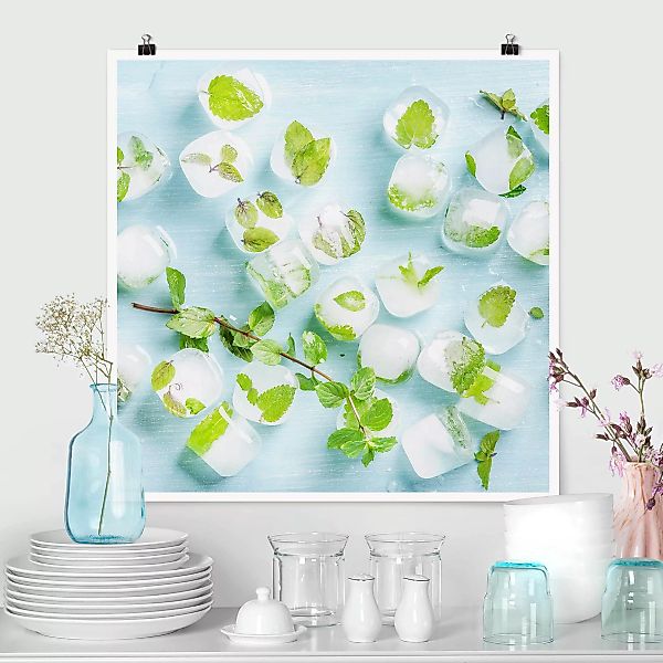 Poster Küche - Quadrat Eiswürfel mit Minzblättern günstig online kaufen