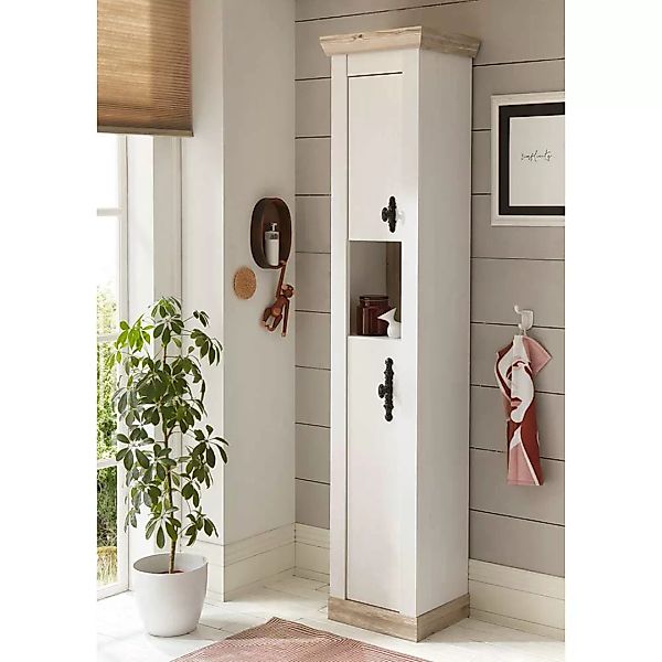 Badezimmerhochschrank in Weiß und Pinienfarben 2 Türen günstig online kaufen