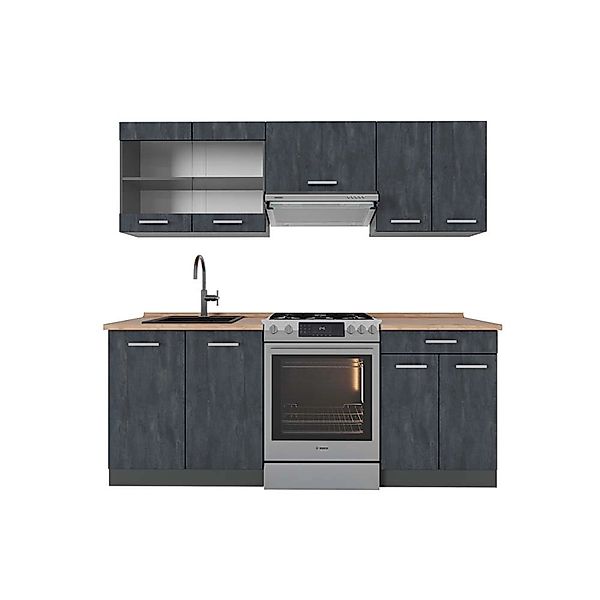 Vicco R-Line Küchenzeile Schwarz Beton/Anthrazit 200 cm AP Eiche ohne E-Ger günstig online kaufen