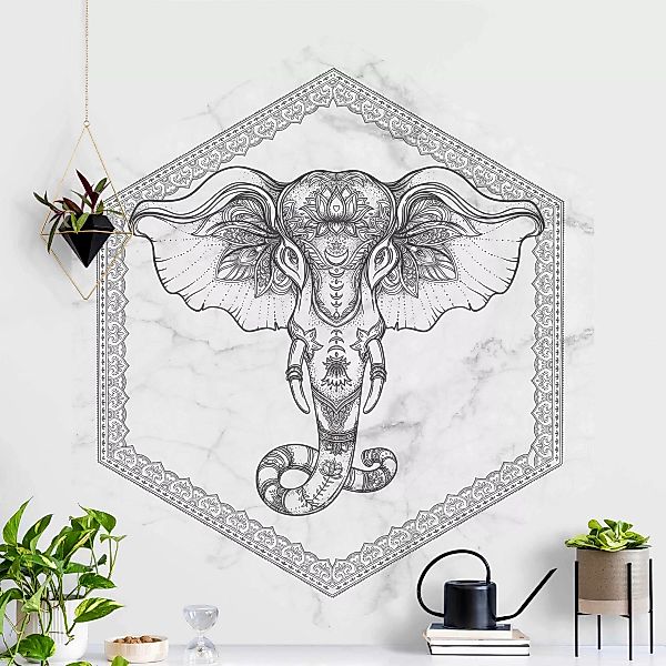 Hexagon Fototapete Spiritueller Elefant in Marmoroptik günstig online kaufen