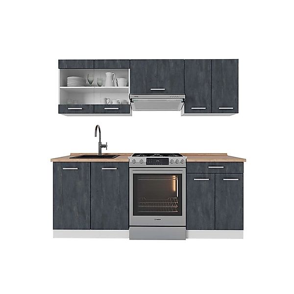 Vicco R-Line Küchenzeile Schwarz Beton/Weiß 200 cm AP Eiche ohne E-Geräte günstig online kaufen