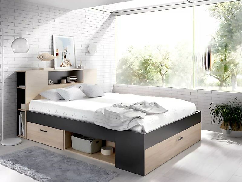Bett mit Stauraum & Schubladen + Lattenrost + Matratze - 140 x 190 cm - Nat günstig online kaufen