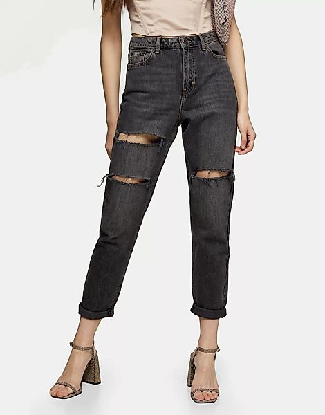 Topshop – Mom-Jeans mit doppelten Knierissen in verwaschenem Schwarz günstig online kaufen