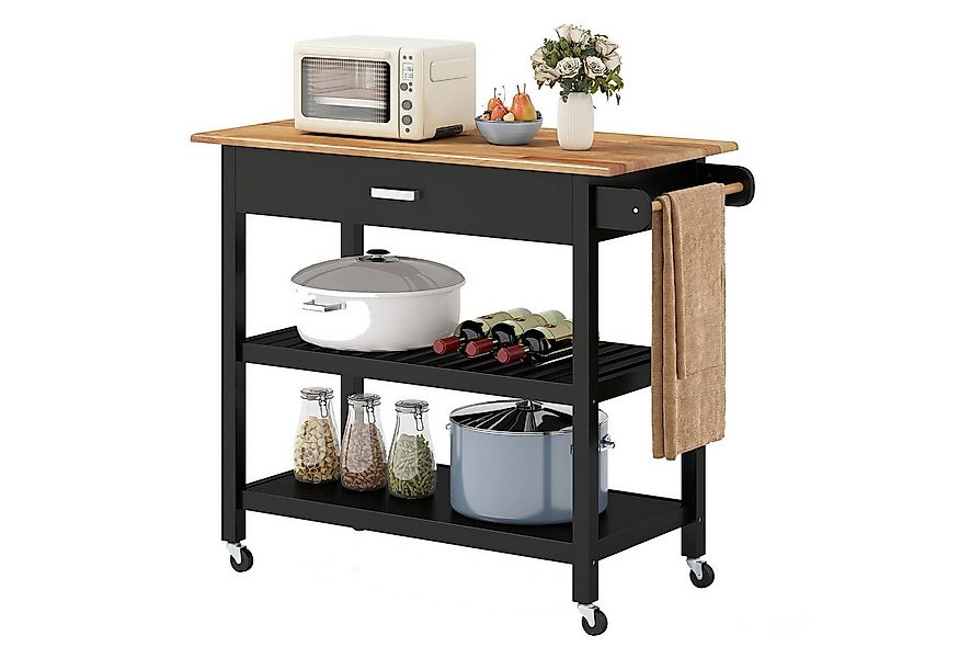 COSTWAY Küchenwagen, Mit Schublade, Rollen und Arbeitsplatte, Holz, schwarz günstig online kaufen