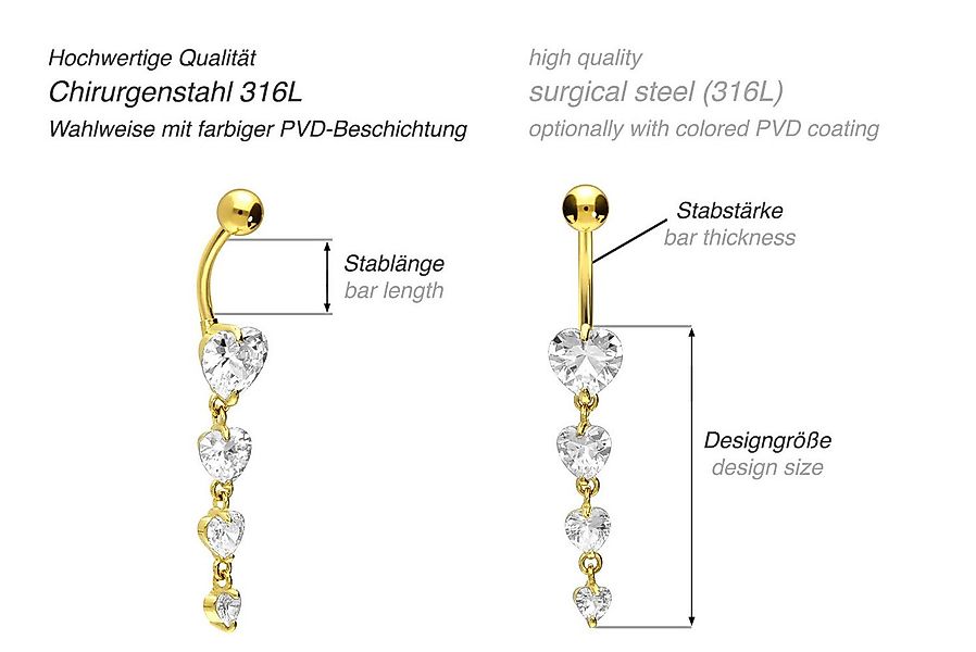 PIERCINGLINE Bauchnabelpiercing Chirurgenstahl Bananabell 4 KRISTALLHERZEN günstig online kaufen