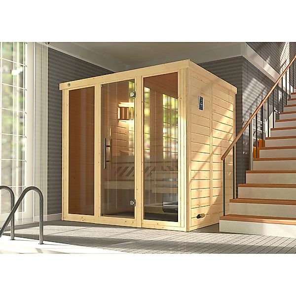 Weka Massivholzelementsauna Kemi Panorama 2 Sparset 7,5 kW OS Glastür/Fenst günstig online kaufen