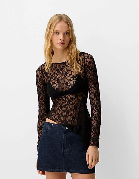 Bershka Langarmshirt Mit Spitzenkante Damen Xs Schwarz günstig online kaufen