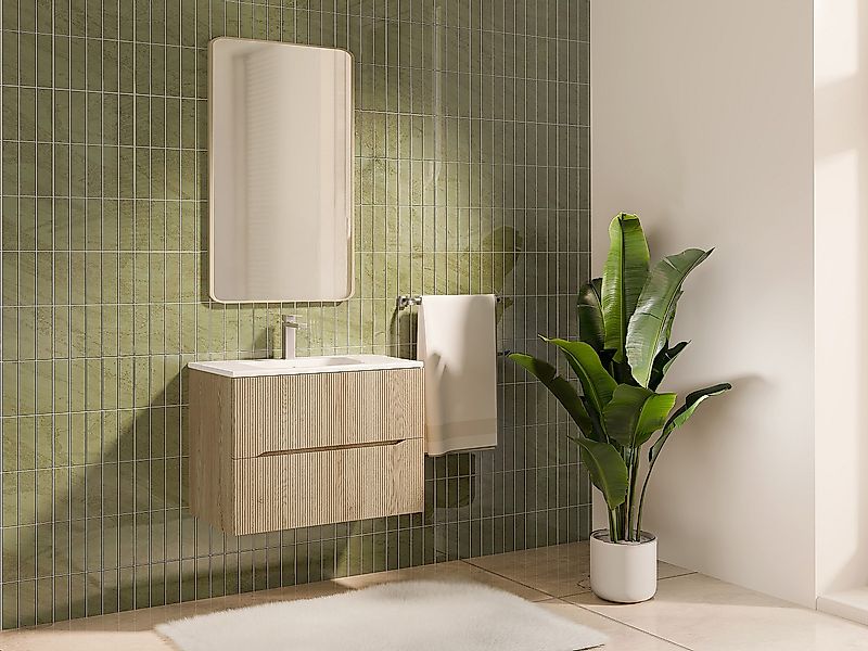 Hängender Bad-Unterschrank mit Einbauwaschbecken – gerillt – Hell-Natur – L günstig online kaufen