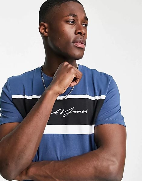 Jack & Jones – T-Shirt im Blockfarbendesign mit Logo in Fähnchen-Blau günstig online kaufen