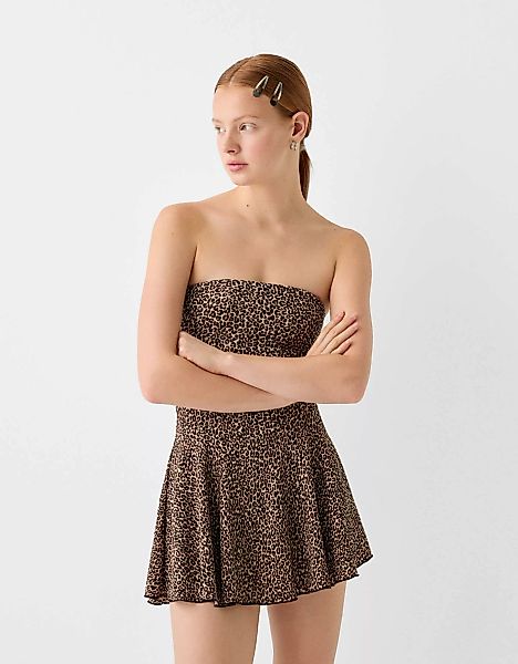 Bershka Gesmoktes Bandeau-Minikleid Damen Xs Beige günstig online kaufen