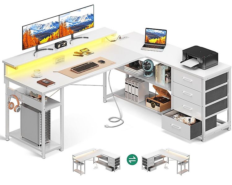 ODK Eckschreibtisch mit Schubladen und Steckdosen, 155×110cm, Alles Weiß günstig online kaufen