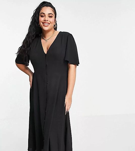 ASOS DESIGN Curve – Geknöpftes Midi-Freizeitkleid in Schwarz mit Schnürung günstig online kaufen