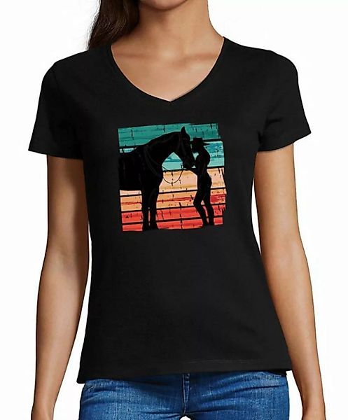 MyDesign24 T-Shirt Damen Pferde Print Shirt bedruckt - Pferd mit Frau V-Aus günstig online kaufen