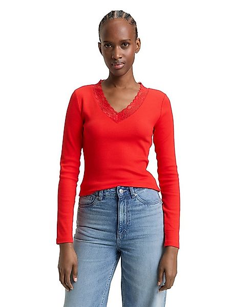 TOM TAILOR Denim Langarmshirt V-Ausschnitt mit Spitze günstig online kaufen