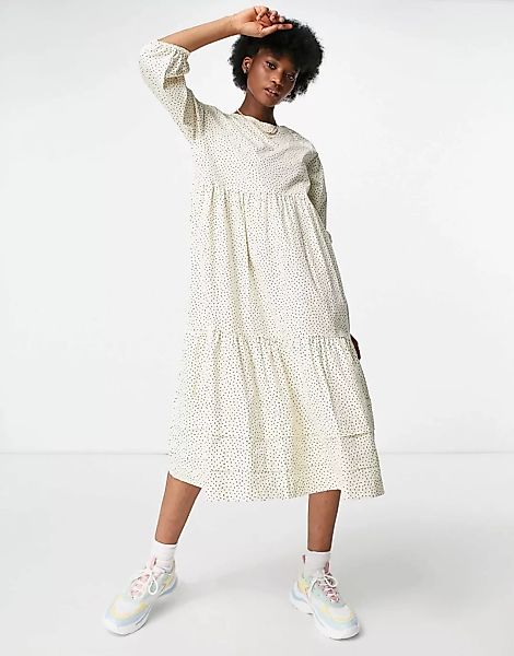 Monki – Vira – Mittellanges Hängerkleid in Creme mit Tupfenmuster-Weiß günstig online kaufen