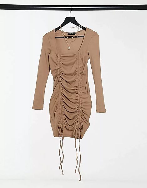 NaaNaa – Gerafftes Bodycon-Kleid mit Netzstoff in Stone-Grau günstig online kaufen