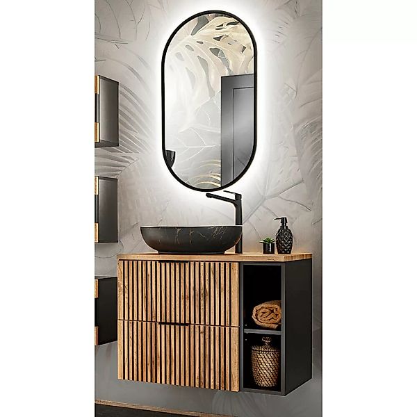 Waschplatz Set mit Aufsatzwaschbecken und LED Spiegel XANTEN-56 in anthrazi günstig online kaufen