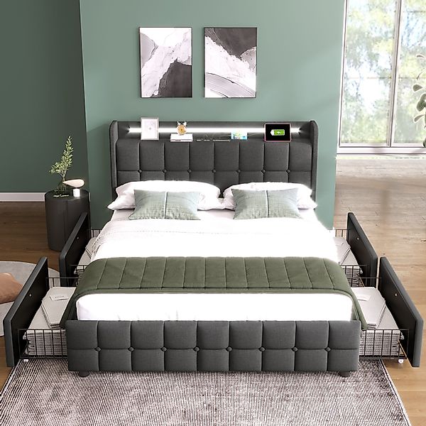 Doppelbett 140x200 cm - Modernes Bett mit LED-Beleuchtung, USB-Ladegerät, v günstig online kaufen