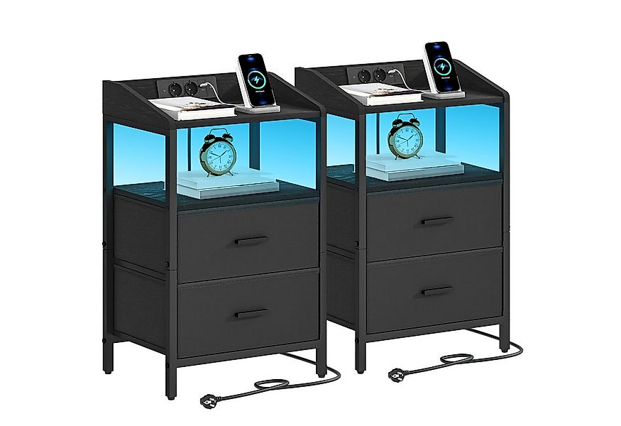 HZUANERI Nachttisch mit LED-Licht USB-Anschlüssen Steckdosen 2 Stoffschubla günstig online kaufen