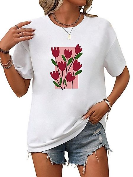 PYL Print-Shirt Damen Casual Kurzarmshirt mit Tulpe Druck günstig online kaufen