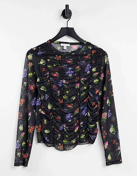 Topshop – Langärmliges, mehrfarbiges T-Shirt aus Netzstoff mit Blumenmuster günstig online kaufen