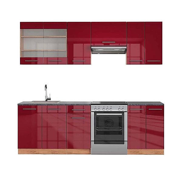 Vicco Fame-Line Küchenzeile Bordeaux Hochglanz/Goldkraft Eiche 240 cm AP An günstig online kaufen