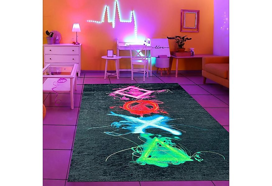 TeppichHome24 Kinderteppich Gaming Teppich mit neonfarbigen Symbolen, recht günstig online kaufen