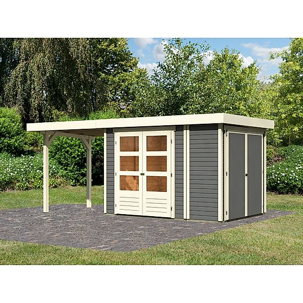 Karibu Gartenhaus Set Retola 2 Terragrau Schrank Anbaudach 240 cm Breit 6,0 günstig online kaufen