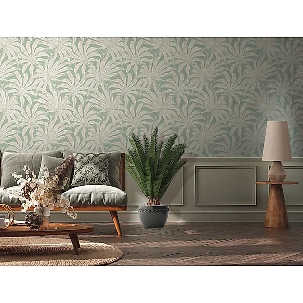 Bricoflor Salbeigrüne Tapete mit Palmen Ideal für Schlafzimmer und Wohnzimm günstig online kaufen