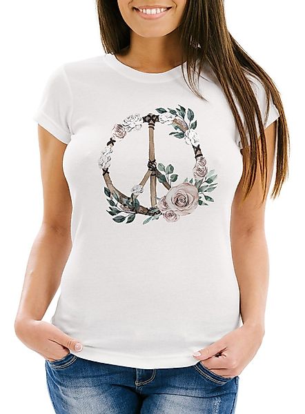 Neverless Print-Shirt Damen T-Shirt Peace-Symbol Blumen günstig online kaufen