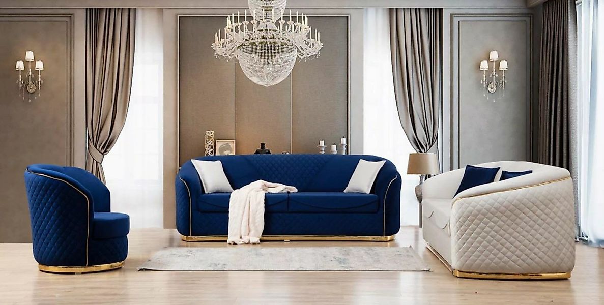 JVmoebel Sofa Blau-Weiße Sofagarnitur 3+3+1 Sitzer Sofa Sessel Stoff Polste günstig online kaufen