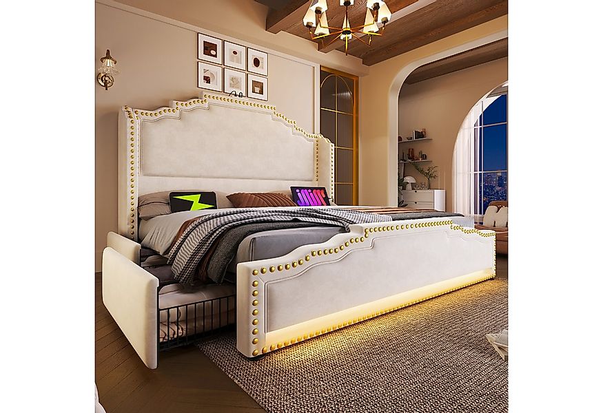 Flieks Polsterbett, Doppelbett 160x200cm mit LED-Beleuchtung 4 Schubladen u günstig online kaufen