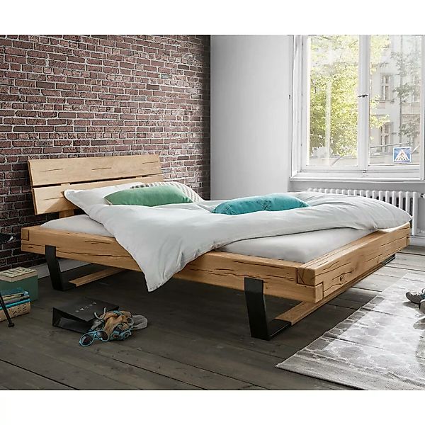 Massivholz Doppelbett, 160x200 cm, Eiche massiv, Holzkopfteil, schwarze Met günstig online kaufen