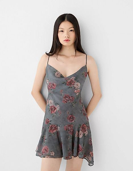 Bershka Minikleid Mit Volants Und Print Damen M Grau günstig online kaufen