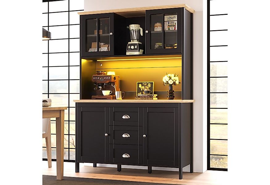 Flieks Küchenbuffet mit LED-Beleuchtung, Schubladen und Glastüren in Retro- günstig online kaufen