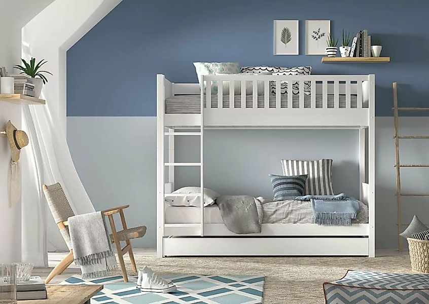 Natur24 Kinderbett Etagenbett Scott 90 x 200 cm Kiefer weiß inkl. Schublade günstig online kaufen