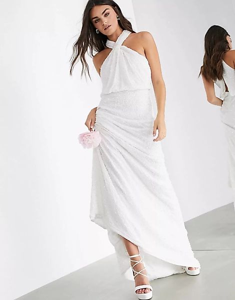 ASOS EDITION – Carmelo – Hochzeitskleid mit Pailletten und Neckholder-Weiß günstig online kaufen