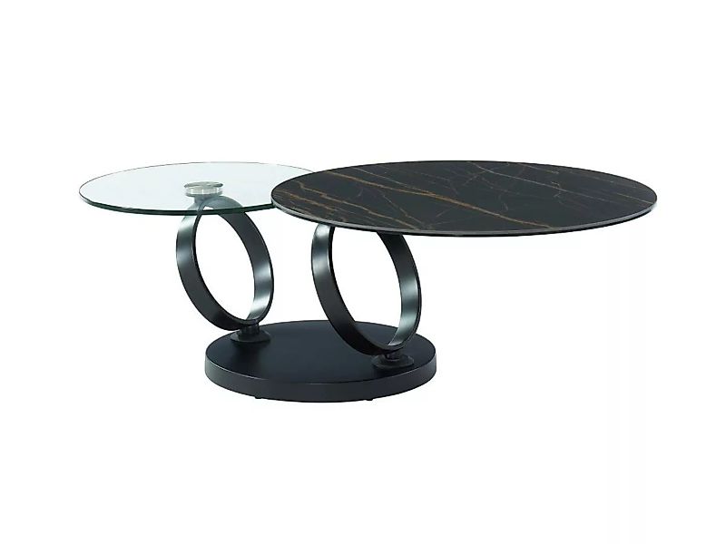 Couchtisch mit drehbaren Tischplatten - Keramik & Glas - Schwarz mit Marmor günstig online kaufen