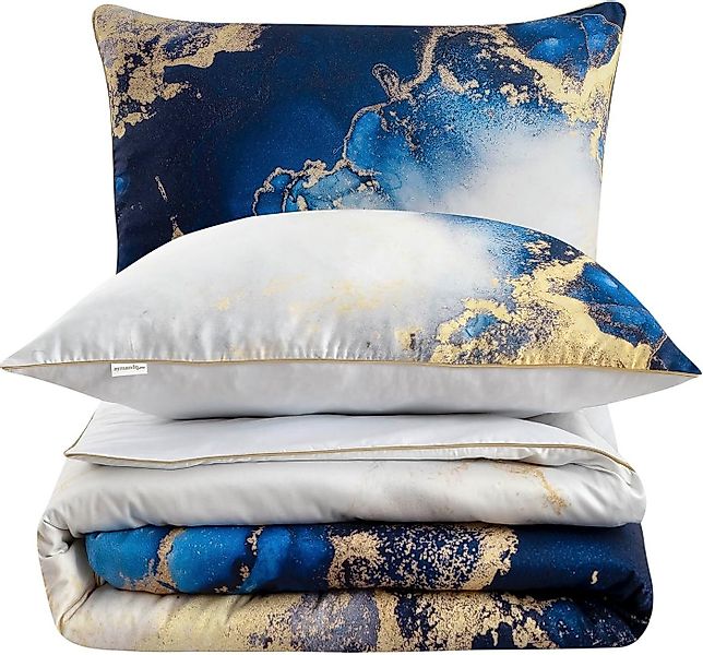 Aymando Bettwäsche Marble Blue, 100% Baumwolle Mako Satin, 3 teilig, Saum u günstig online kaufen