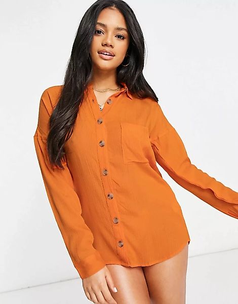 Influence – Strand-Hemdkleid aus grob gewebter Baumwolle in Orange günstig online kaufen